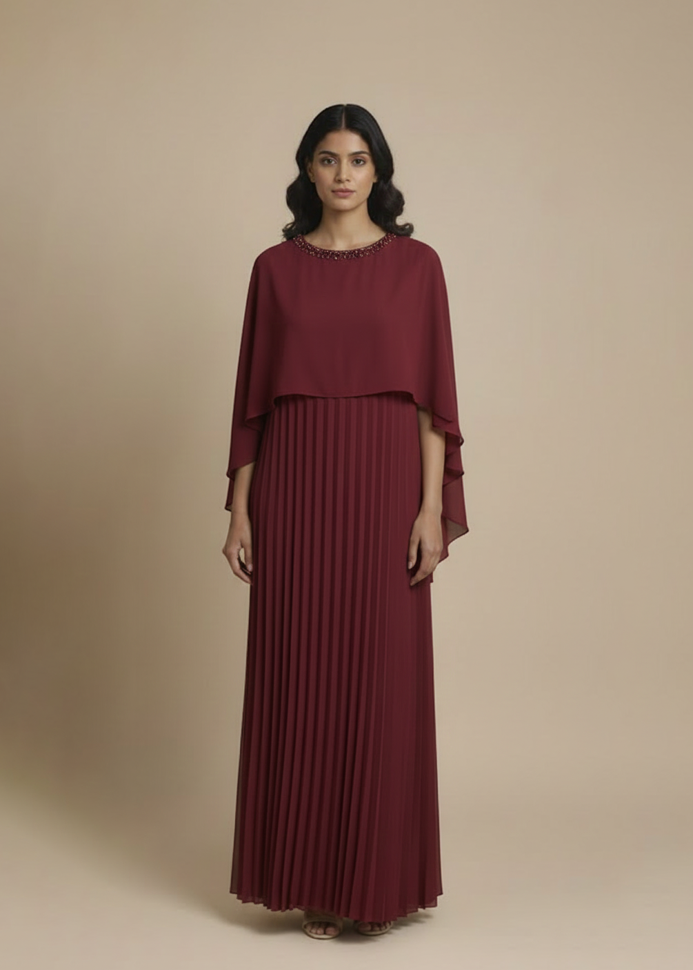 Emb Cape Gown - Burgundy