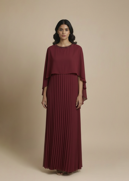 Emb Cape Gown - Burgundy