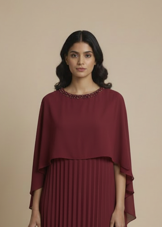 Emb Cape Gown - Burgundy