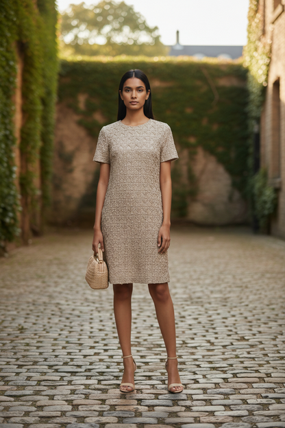 Woman in a beige dress standing on a cobblestone path with greenery in the background