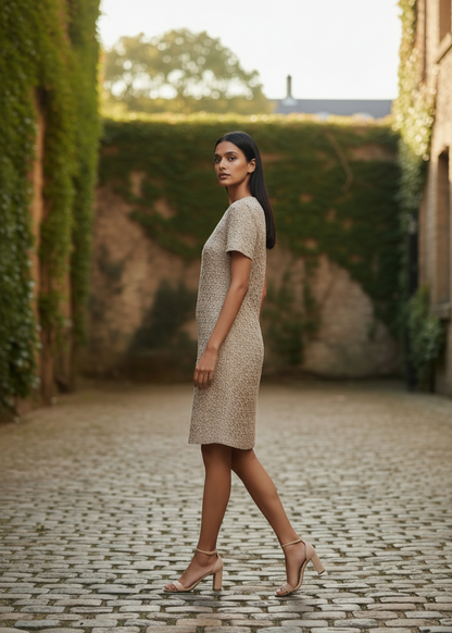 Woman in a beige dress walking on a cobblestone path with greenery in the background