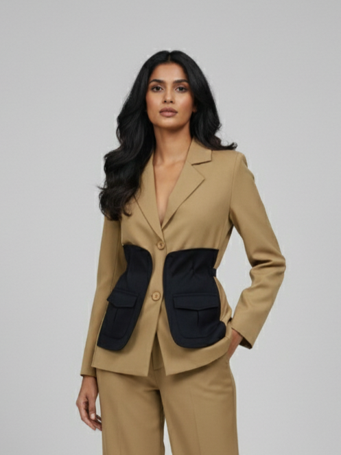 Beige French Color Block Blazer