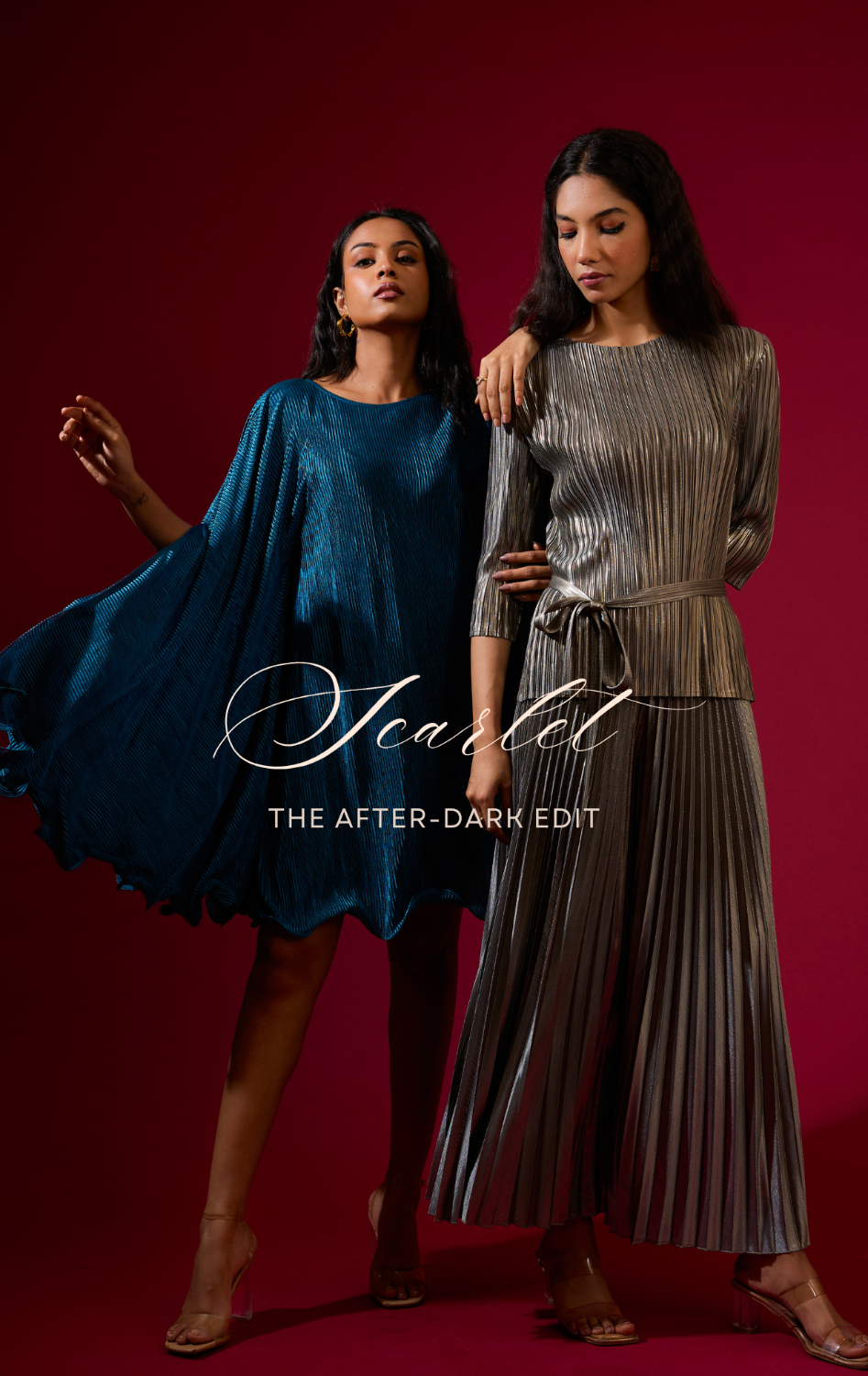 Two women wearing stylish outfits against a red background with 'Scarlett' branding.