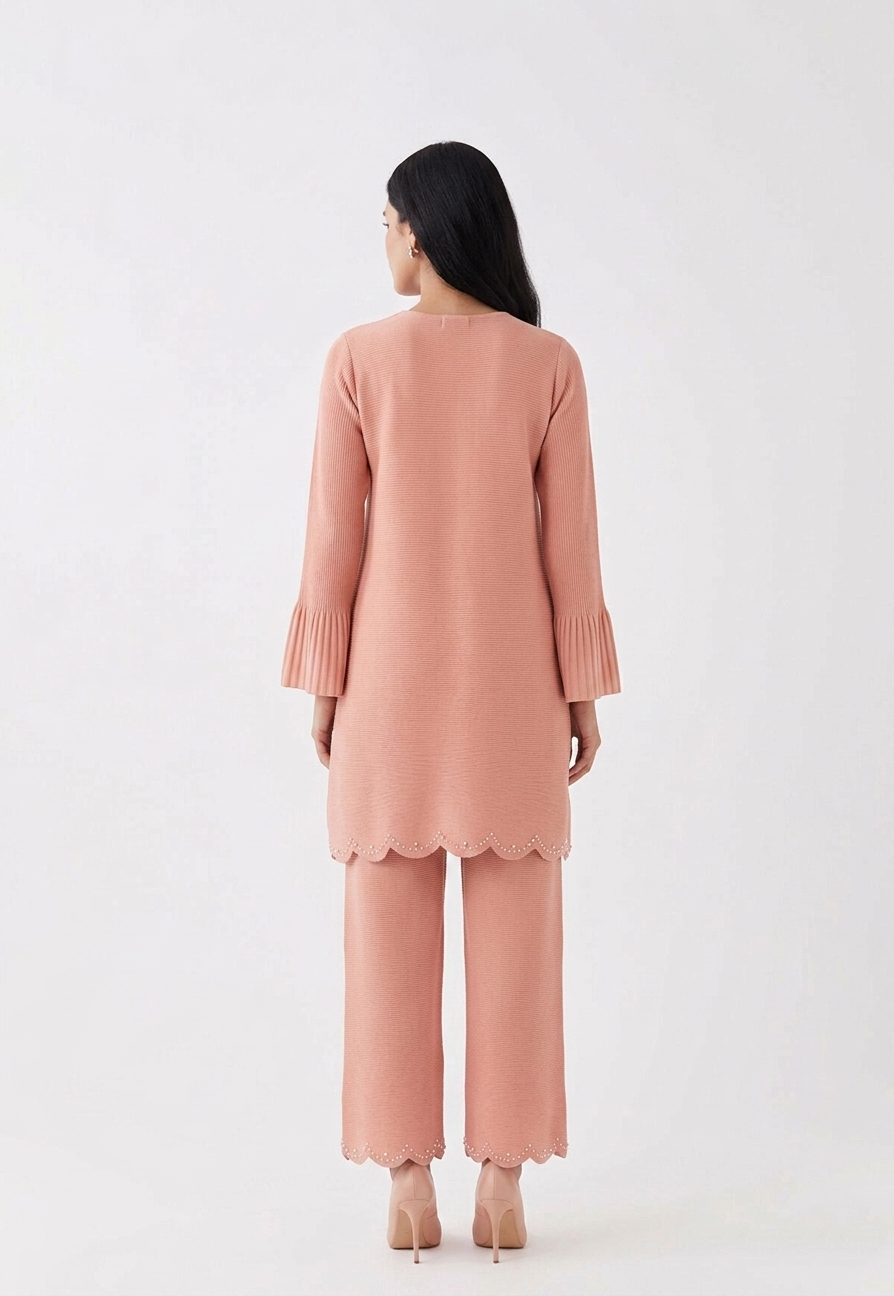Ensemble tunique plissé rose à perles
