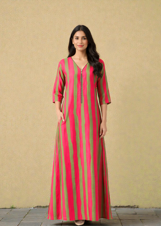 Pink & Green Striped Kaftan Dress