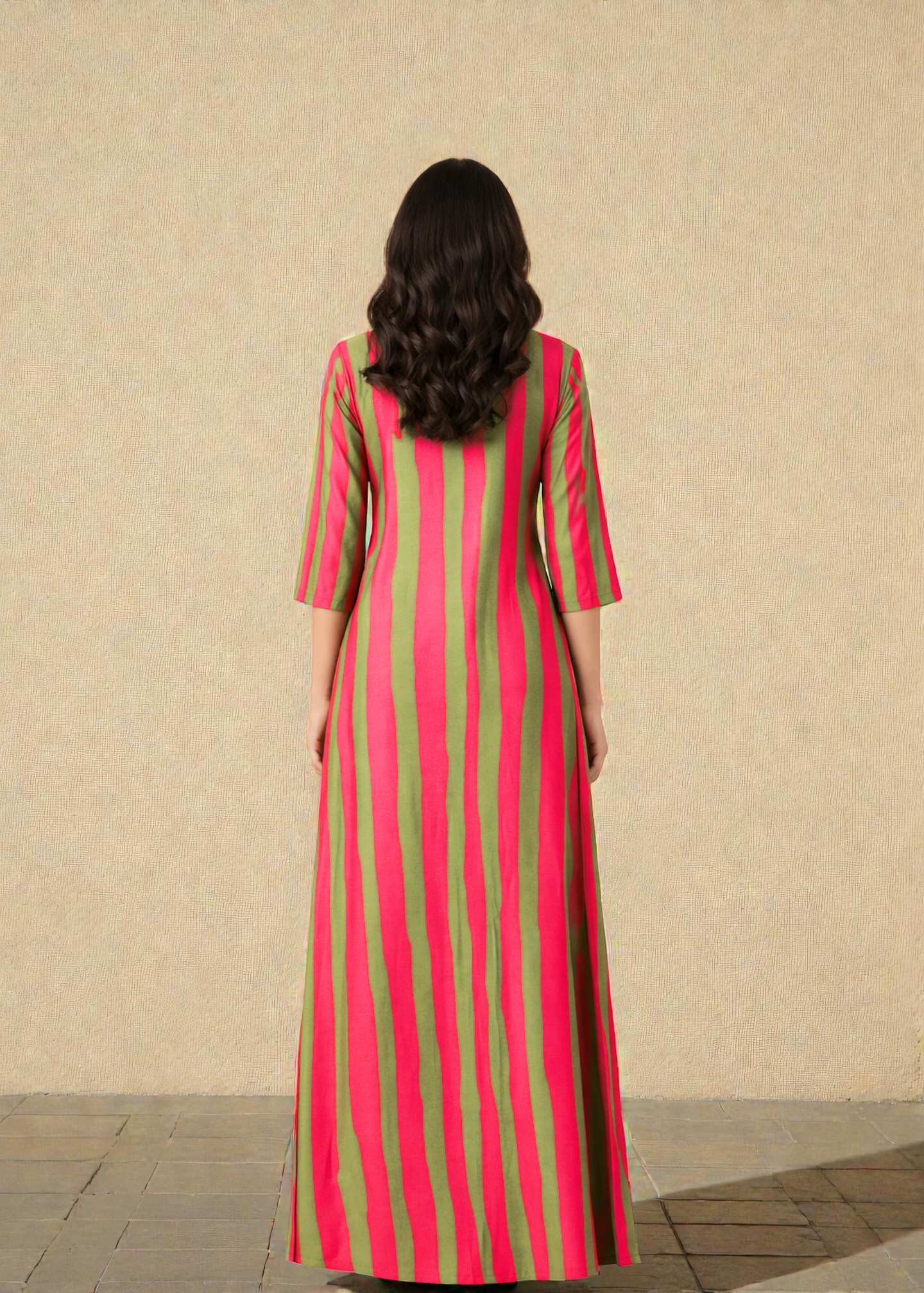 Pink & Green Striped Kaftan Dress