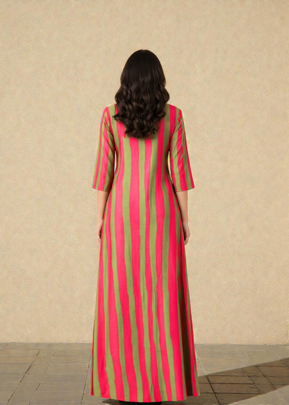 Pink & Green Striped Kaftan Dress