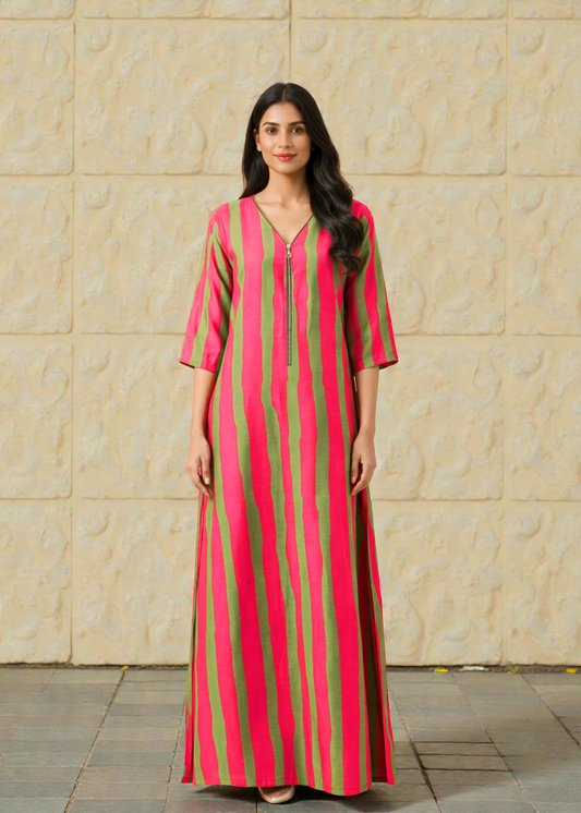 Pink & Green Striped Kaftan Dress