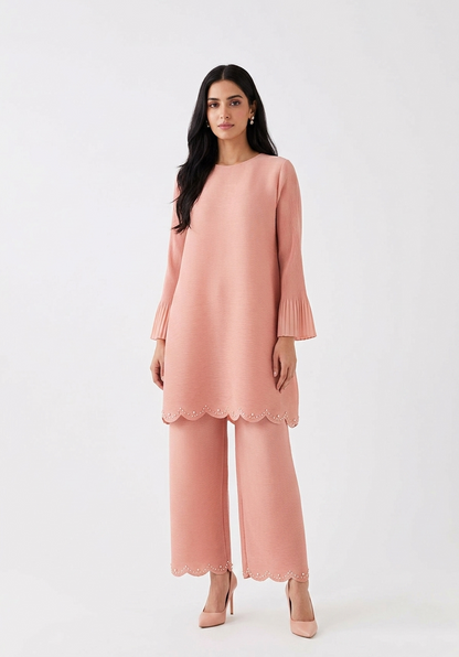 A statement Coord set, featuring embellished scallop hem at Tunic and pants both and bell sleeves.