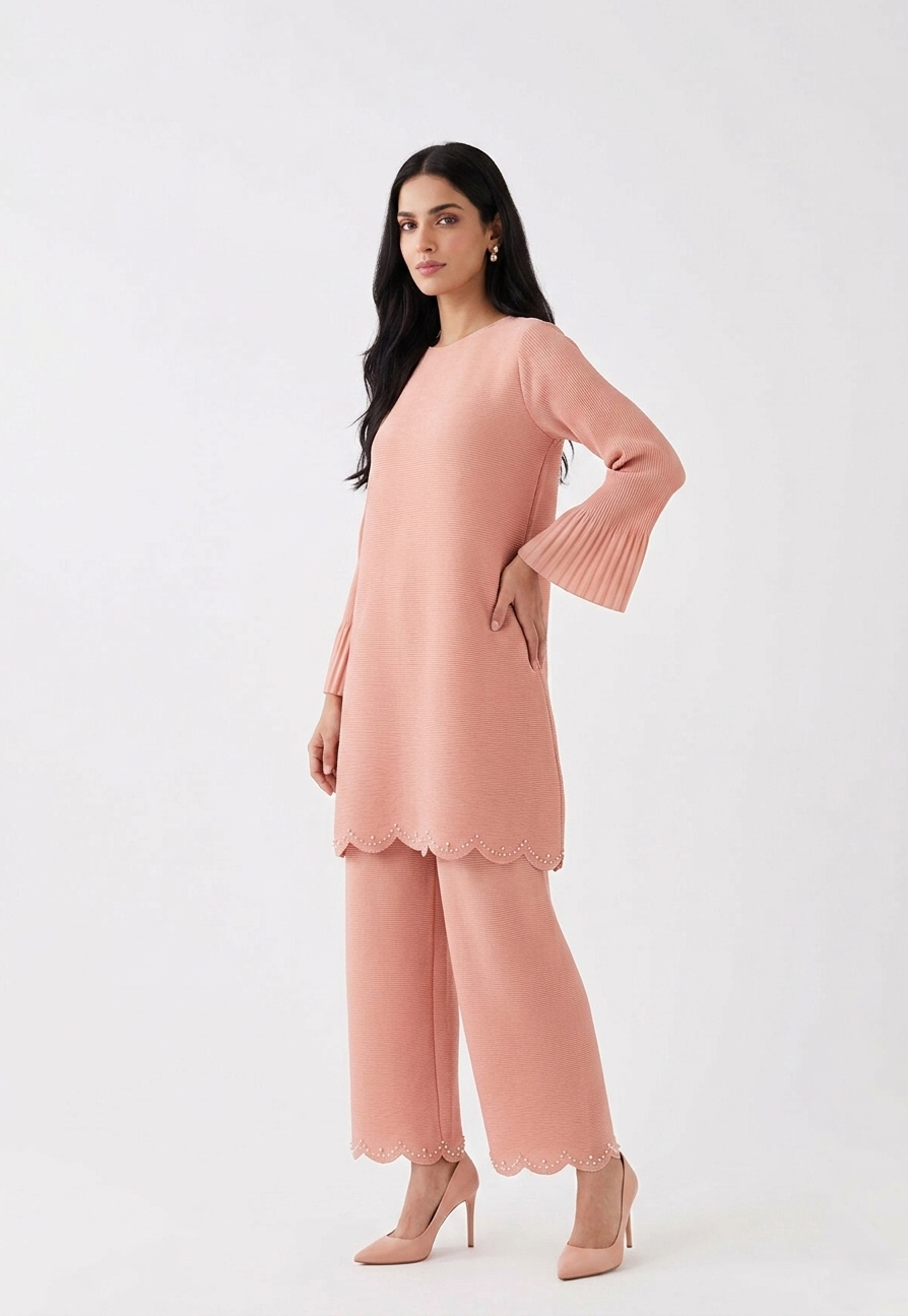 Ensemble tunique plissé rose à perles