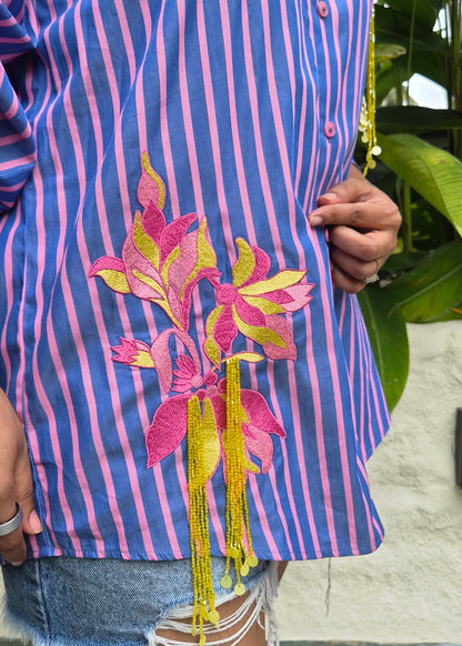 purple and Pink vertically striped button-down shirt with pink floral embroidery 