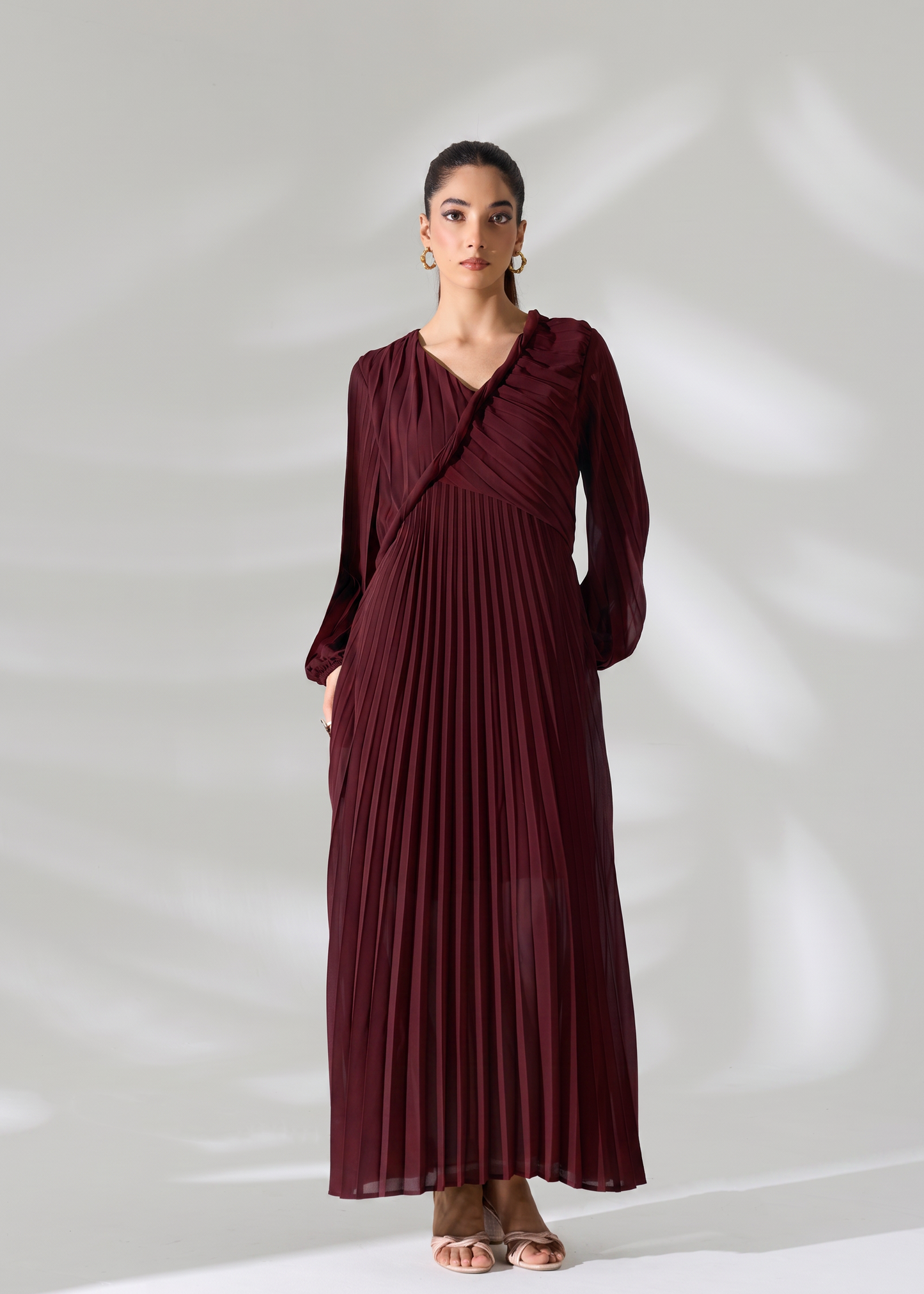Sahara Pleated Long Dress - Burgundy