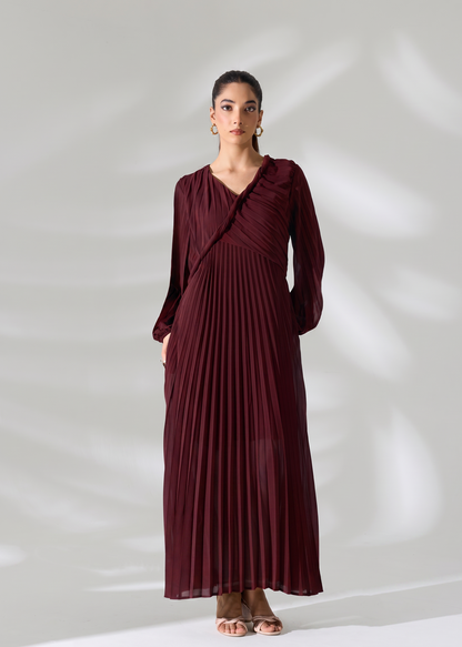 Sahara Pleated Long Dress - Burgundy