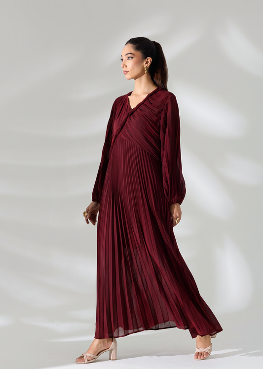 Sahara Pleated Long Dress - Burgundy