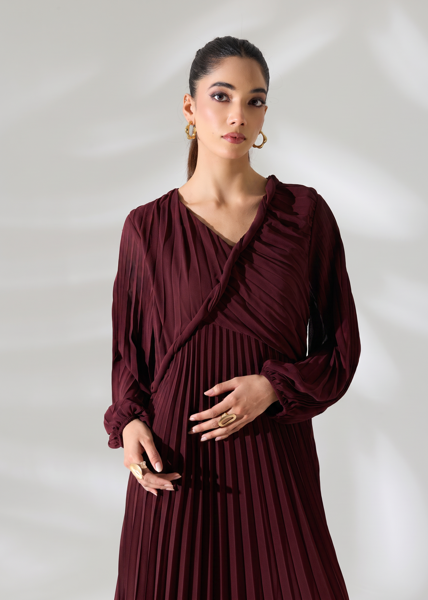 Sahara Pleated Long Dress - Burgundy