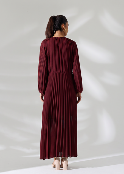 Sahara Pleated Long Dress - Burgundy