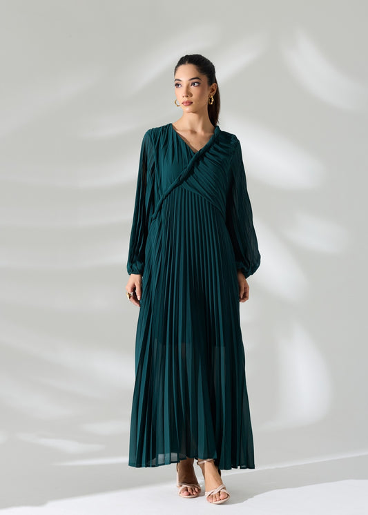 Sahara Pleated Long Dress - Emerald Green