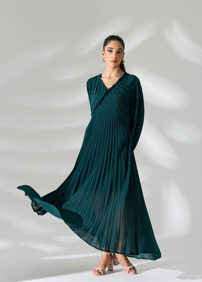 Sahara Pleated Long Dress - Emerald Green