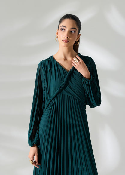 Sahara Pleated Long Dress - Emerald Green