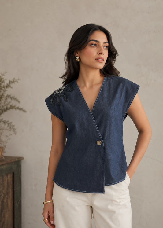 Sequin Denim Overlay Top
