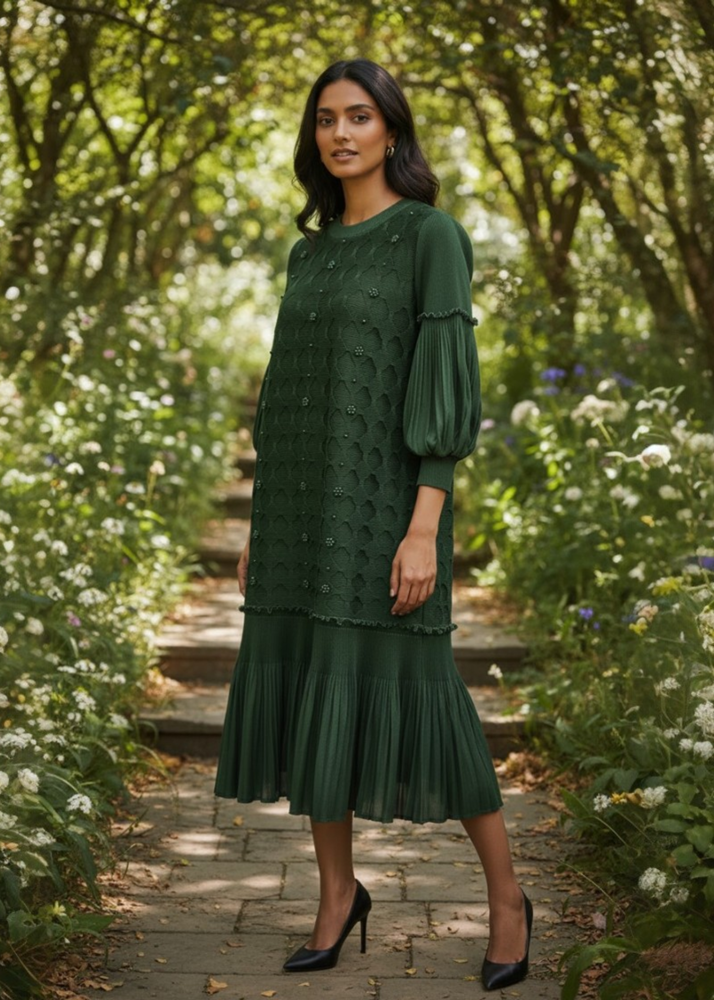 Shirley Cutwork Ruffle Dress - Emerald Green