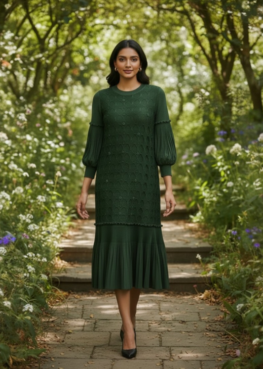 Shirley Cutwork Ruffle Dress - Emerald Green