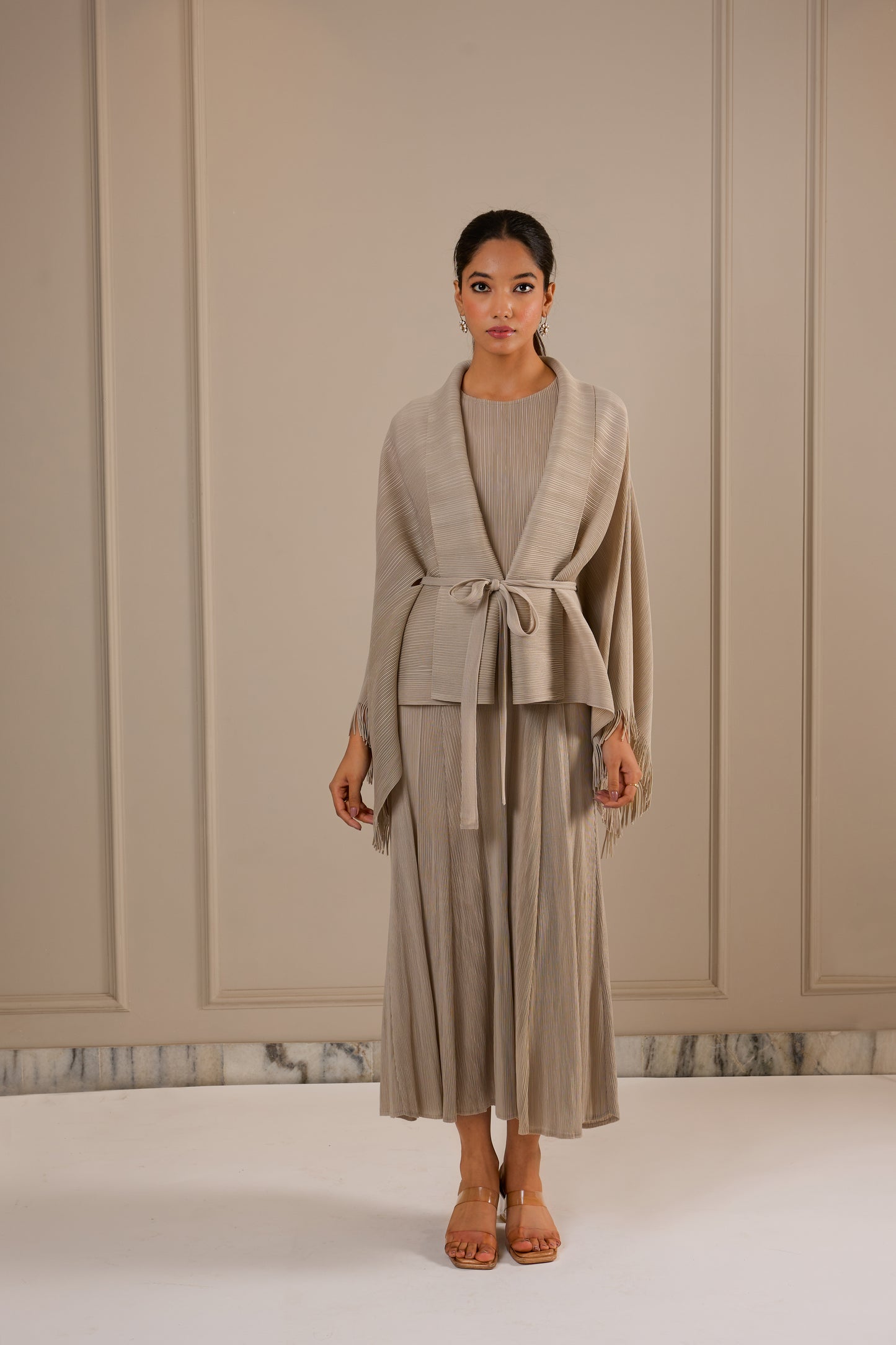 Juno Midi Dress with Fringe Cape - Beige