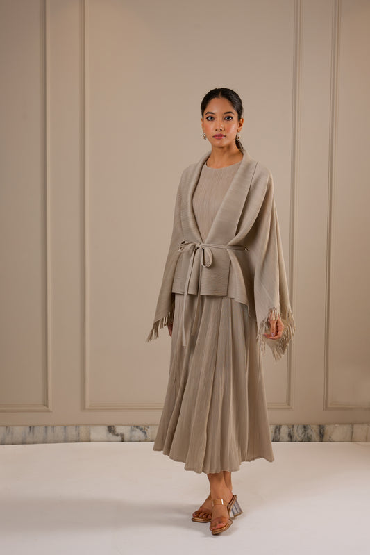 Juno Midi Dress with Fringe Cape - Beige