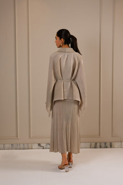 Juno Midi Dress with Fringe Cape - Beige