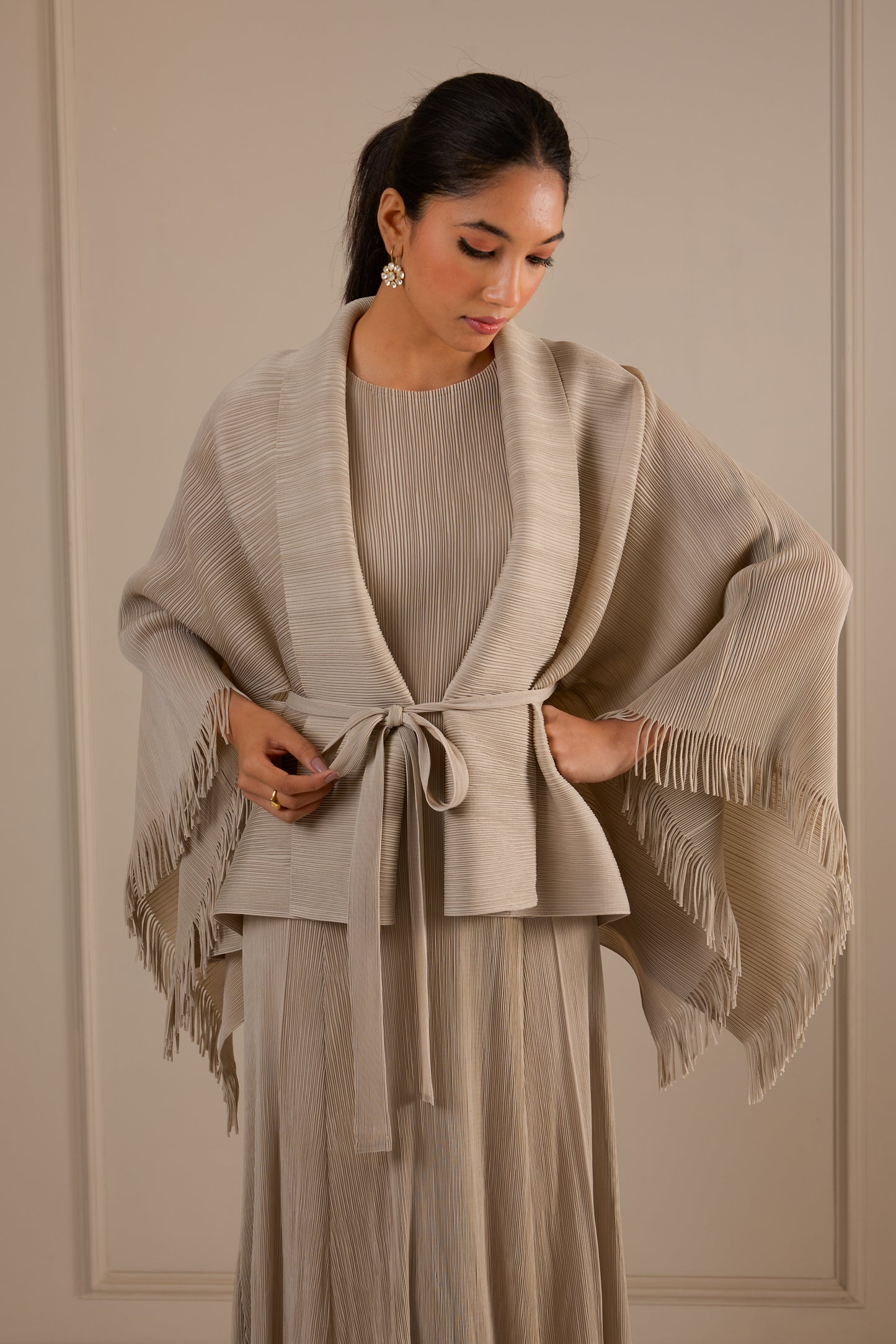 Juno Midi Dress with Fringe Cape - Beige