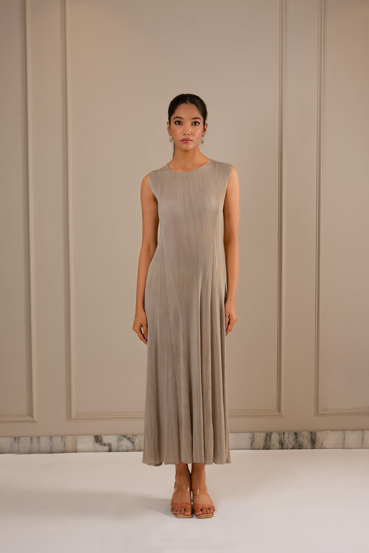 Juno Midi Dress with Fringe Cape - Beige