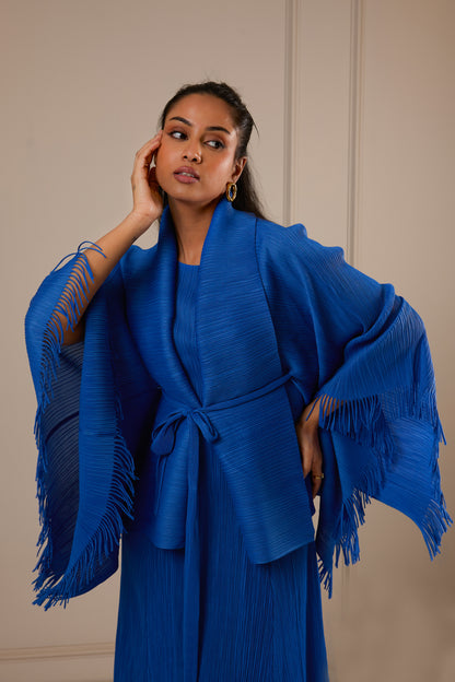 Juno Midi Dress with Fringe Cape - Royal blue