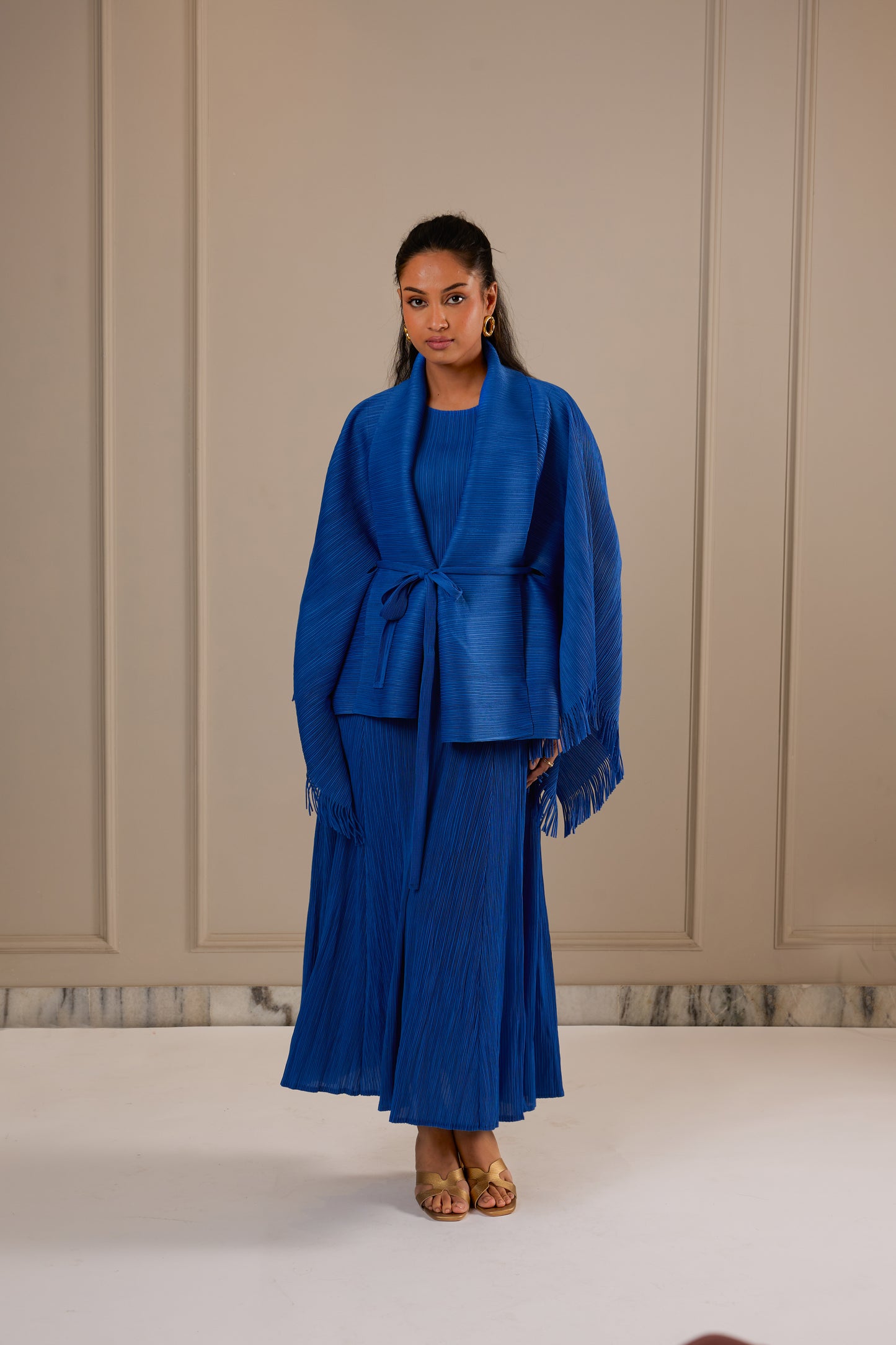 Juno Midi Dress with Fringe Cape - Royal blue