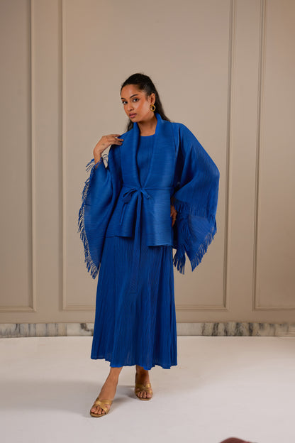 Juno Midi Dress with Fringe Cape - Royal blue