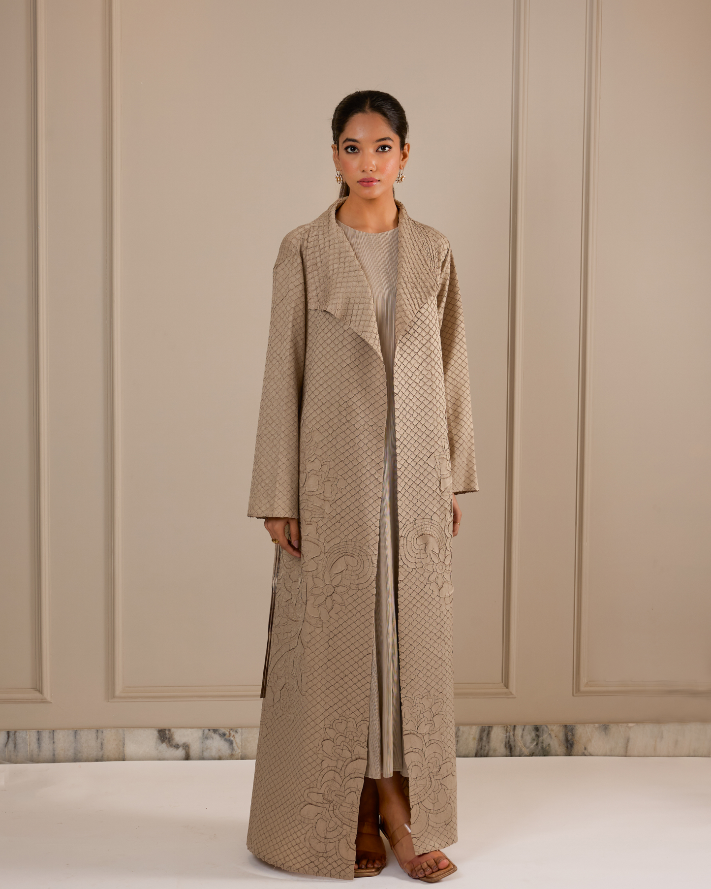 Embossed Long Jacket - Beige