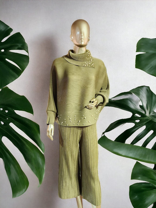 Olive Green Cowl Pearl Pleated Coord Set