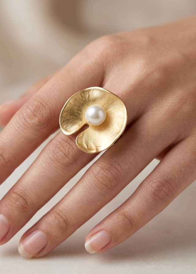 Gold ring with a pearl on a hand against a neutral background
